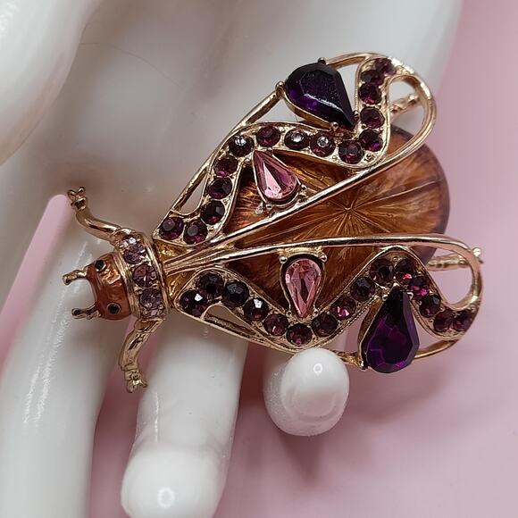 Vintage Beetle Scarab Large Rhinestone Brooch, Enamel Body, 2 1/2 Inches - Picture 1 of 10